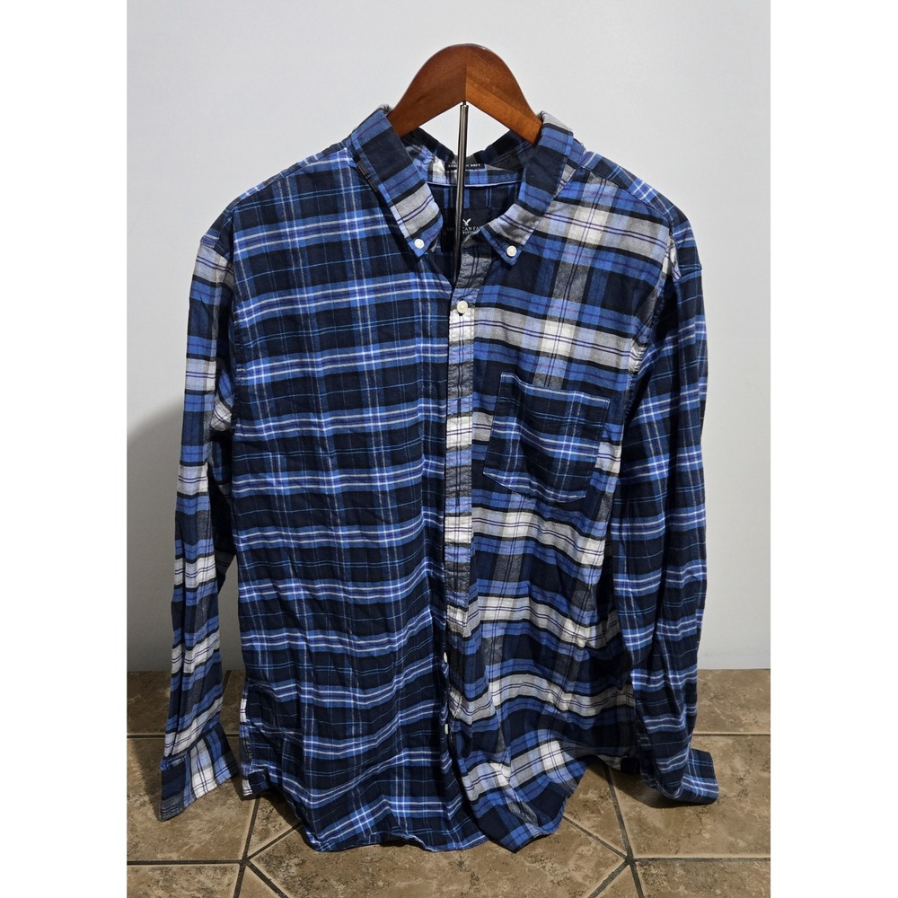 American Eagle Mens XXL Blue Plaid Flannel Button Down Shirt Seriously Soft XL